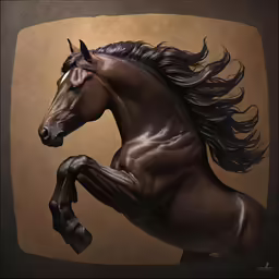 a horse with a long mane running across a floor