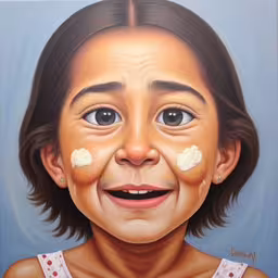 the painting shows a woman with a bruised eye,an oil painting of a girl with wrinkles,a painting of a girl with the cream on her face,a painting of a little girl with contorted faces,a painting of a girl with creme on her face and eyes