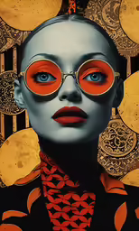 an altered photo of a person with orange makeup and glasses