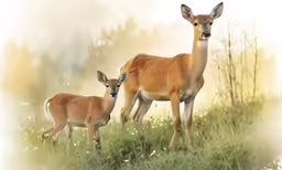 a photograph of two deer standing together in the grass