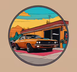 an image of a classic muscle car in a garage,an orange muscle car is parked in front of a yellow house