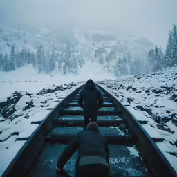 a person walking in snow on a train track