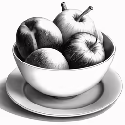 the bowl has five apples in it and is on a plate