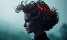 the image of a female with curly hair that is illuminated in red