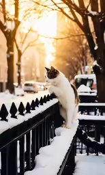 a cat sitting on a railing in the snow
