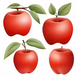 apples with leaves on them and two red apples are next to each other