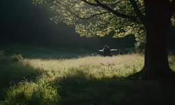 two cows walking in the shade of a tree