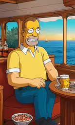 simpsons is on the back of a boat drinking beer,homer in a yellow shirt sits at a table on a boat