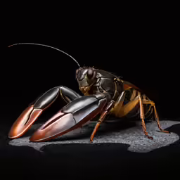 a close up of a black and gold insect on a black background