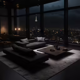 living room with dark furniture overlooking city lights