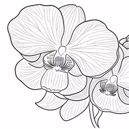 an outlined image of an orchid with petals,a flower with large petals on it,a flower with a white background,black and white drawing of flowers with leaves,a white orchid flower with long stem