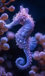 a purple sea horse sitting in an aquarium