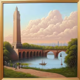 a painting of a clock tower next to a body of water,a painting in a gold frame, of the large tower with a clock on top