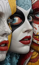 a portrait made from multiple faces, including the woman in mask and the other girl with colorful