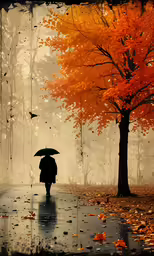 a woman is walking with an umbrella through the rain