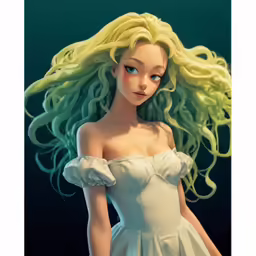 a white dress that has long blond hair on it