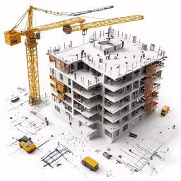 a group of buildings being constructed with a crane on top