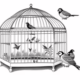 two birds fly next to a birdcage that has birds in it,a drawing of birds inside of a bird cage