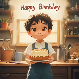 the boy is holding a cake on the table