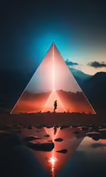 a lone person standing next to a large triangle