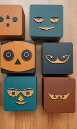 four square shapes with faces on them