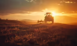 the tractor is driving down the hill with its headlights on
