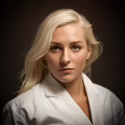 a woman with blond hair is looking into the distance