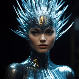 a girl wearing shiny silver has its head covered