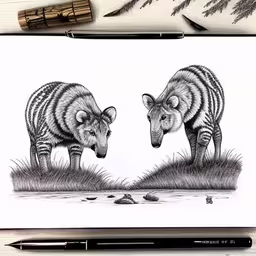 a pencil drawing of two hyenas standing next to each other,the two brown bears are on the grass and next to water