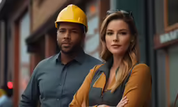 a man and woman standing outside of a building wearing hard hats