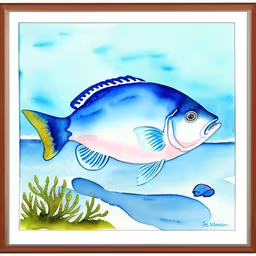 painting with a blue fish on the bottom of it,a blue fish with yellow fins in water,painting of blue fish in water with bubbles,blue fish swimming in the water with seaweed on the side,an abstract drawing of a fish