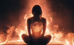 a beautiful woman with naked arms and legs sitting in front of fire