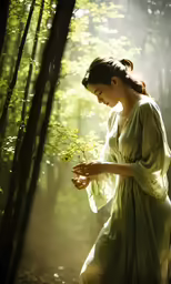 a woman is holding a flower in the forest