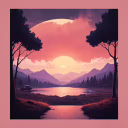 a painting of a scenic sunset and trees,a painting of mountains and water with sunset