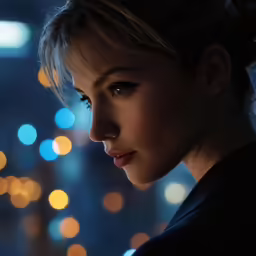 a close up shot of a woman looking away