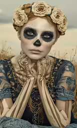 a woman wearing a skeleton make up is holding her hands in front of her face