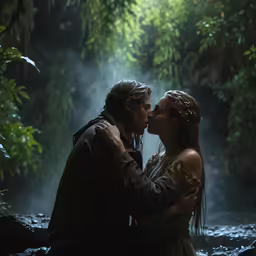 a woman and man are kissing near the woods