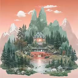 an old picture of a house in the mountains near a river