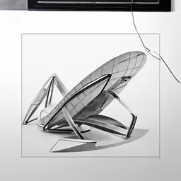 a metal chair sitting inside of a white room