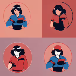 woman looking to the left in various circular poses,four different color images of women with ponytails and gloves