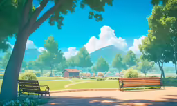 a bench sitting next to a large green park