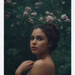 a woman wearing a headband of flowers