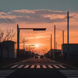 a sunset is shown in the sky over an empty street