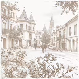 the people are walking down the street with a church tower in the background