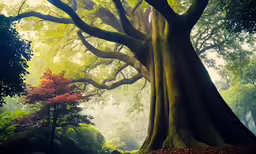 a large tree standing next to some bushes and trees