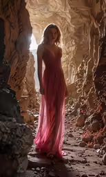 a woman wearing a pink dress in a rocky cave