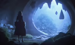 a dark, scary cave with a woman in the center