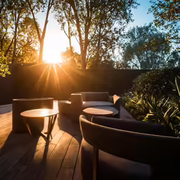 a deck with an interesting set of chairs on it