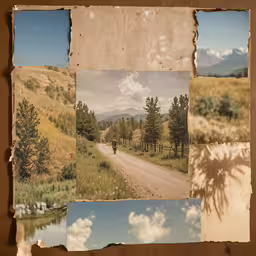 collage of various images on a canvas with a bear,four photos of dirt road with trees, mountains and clouds