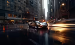 a sports car driving down the street at night